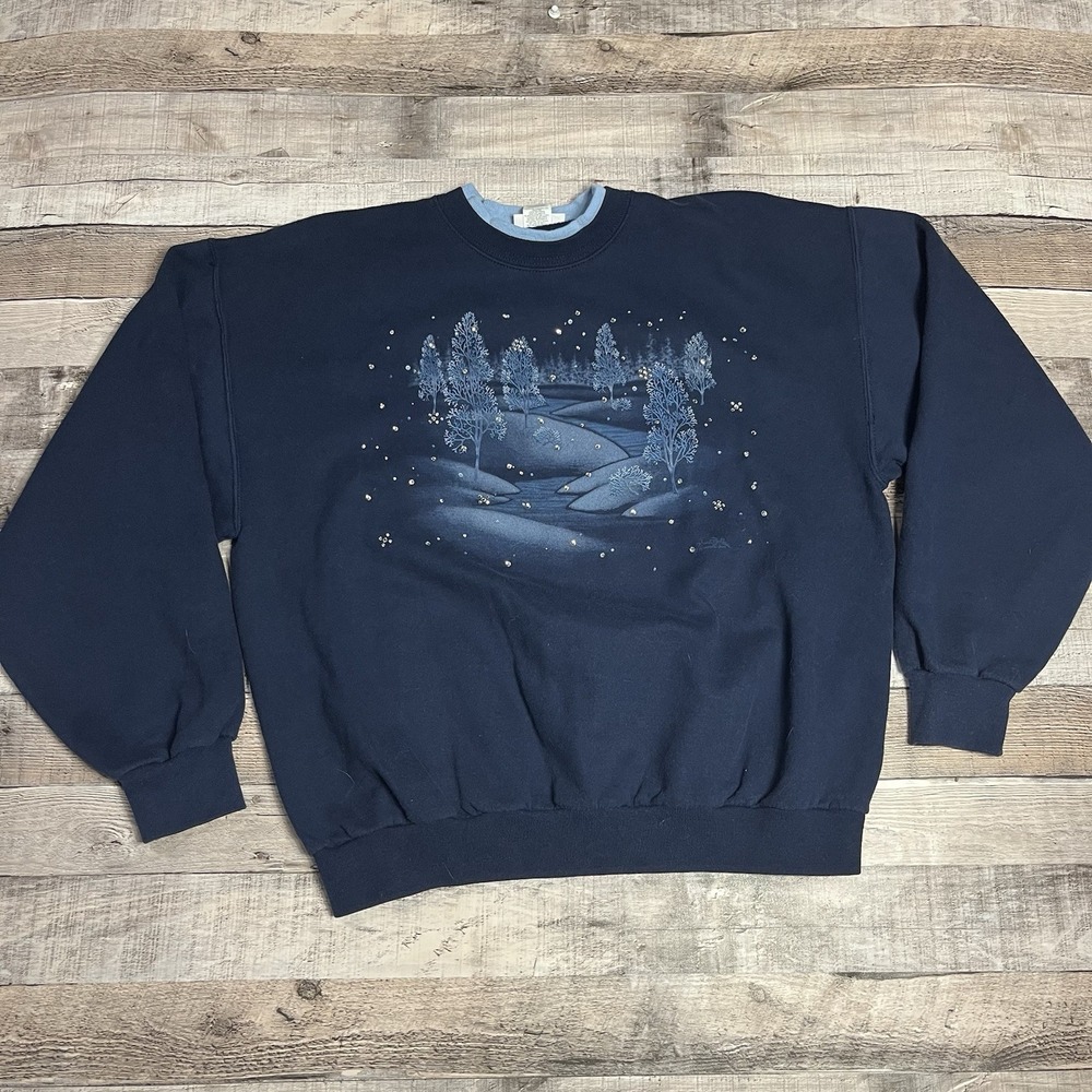 Winter Sweatshirt Size Large Blue Vintage Morning Sun Snowy Nature Scene Sparkle